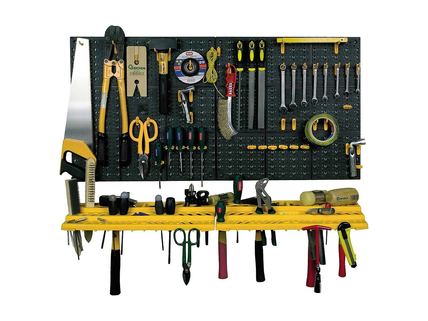 Ensemble porte-outils Floreffe, Ensemble avec 2 panneaux, 2 étagères et 50 crochets, Organisateur mural, 100% Made in Italy, 100x22h50 cm, Noir
