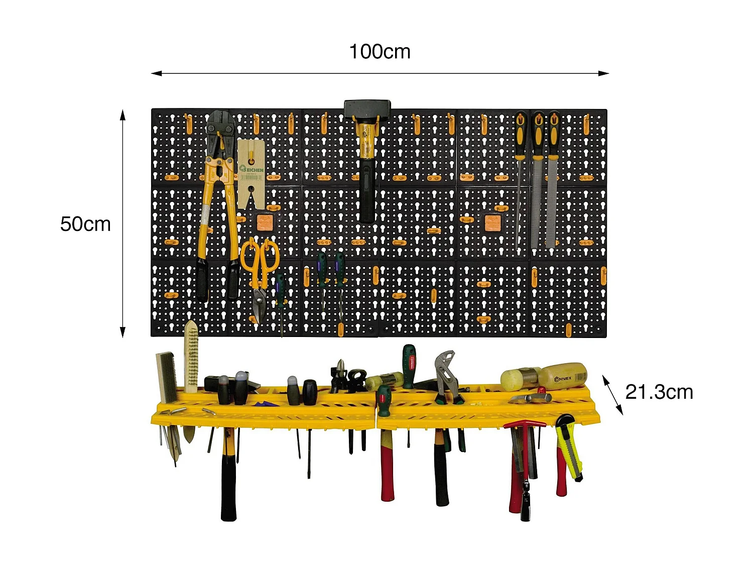 Ensemble porte-outils Floreffe, Ensemble avec 2 panneaux, 2 étagères et 50 crochets, Organisateur mural, 100% Made in Italy, 100x22h50 cm, Noir