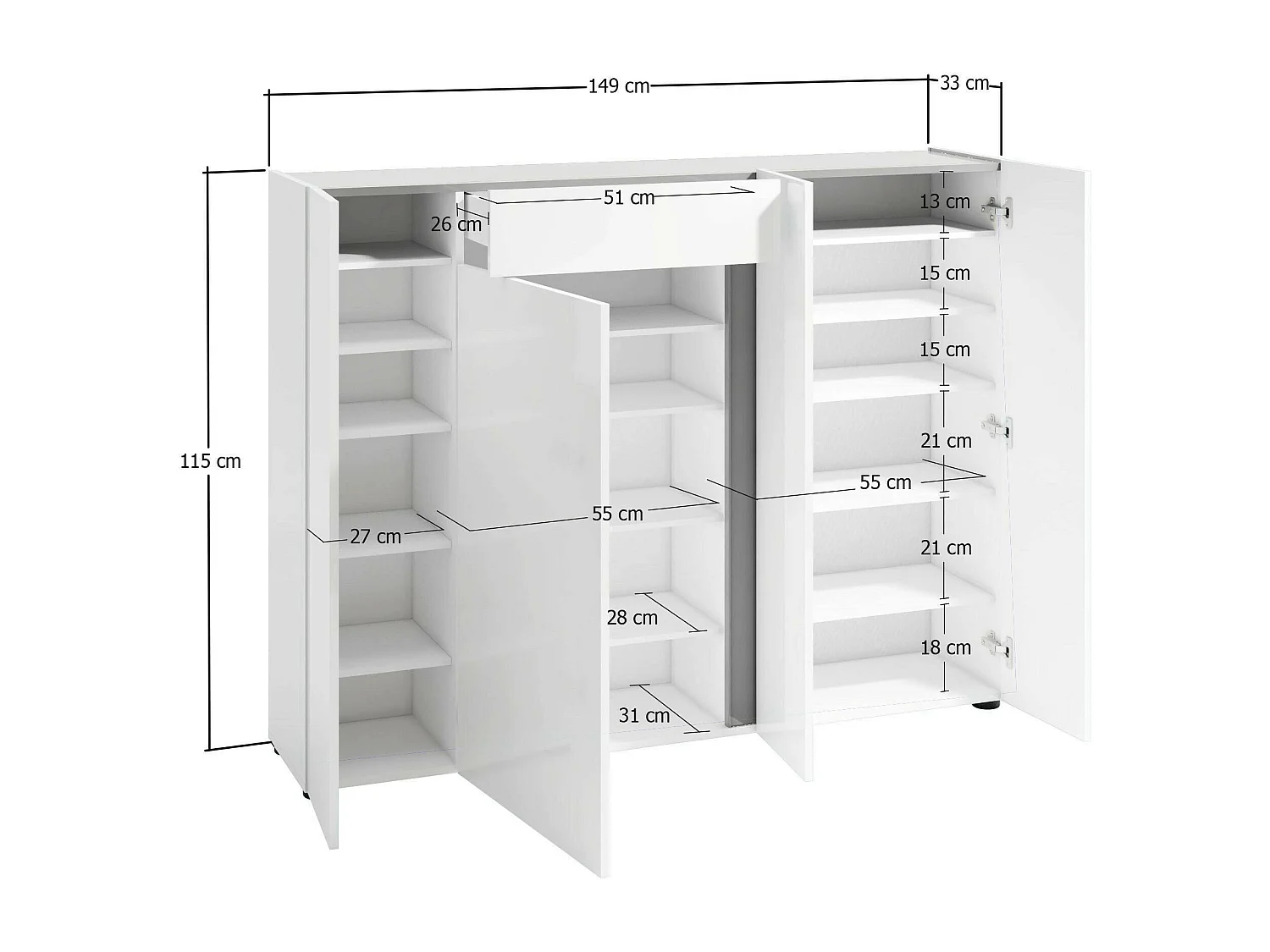 Armoire à chaussures Aureliano, un tiroir Made in Italy, 33x149x115h cm Blanc Brillant, Meuble à chaussures