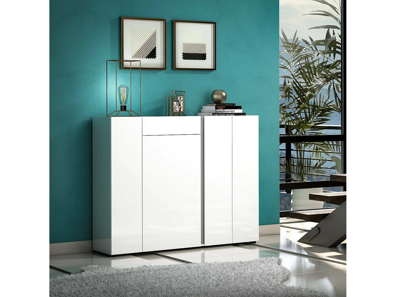 Armoire à chaussures Aureliano, un tiroir Made in Italy, 33x149x115h cm Blanc Brillant, Meuble à chaussures