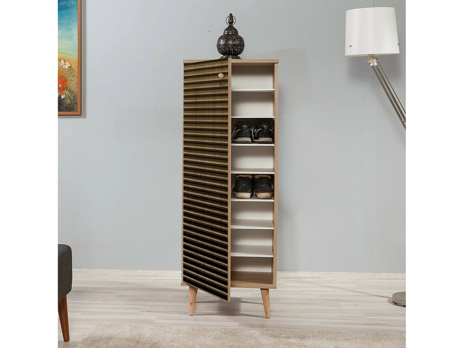 Meuble à chaussures Cebalrai, Meuble à chaussures, Armoire d'entrée polyvalente, Rangement pour chaussures, 50x38h135 cm, Chêne