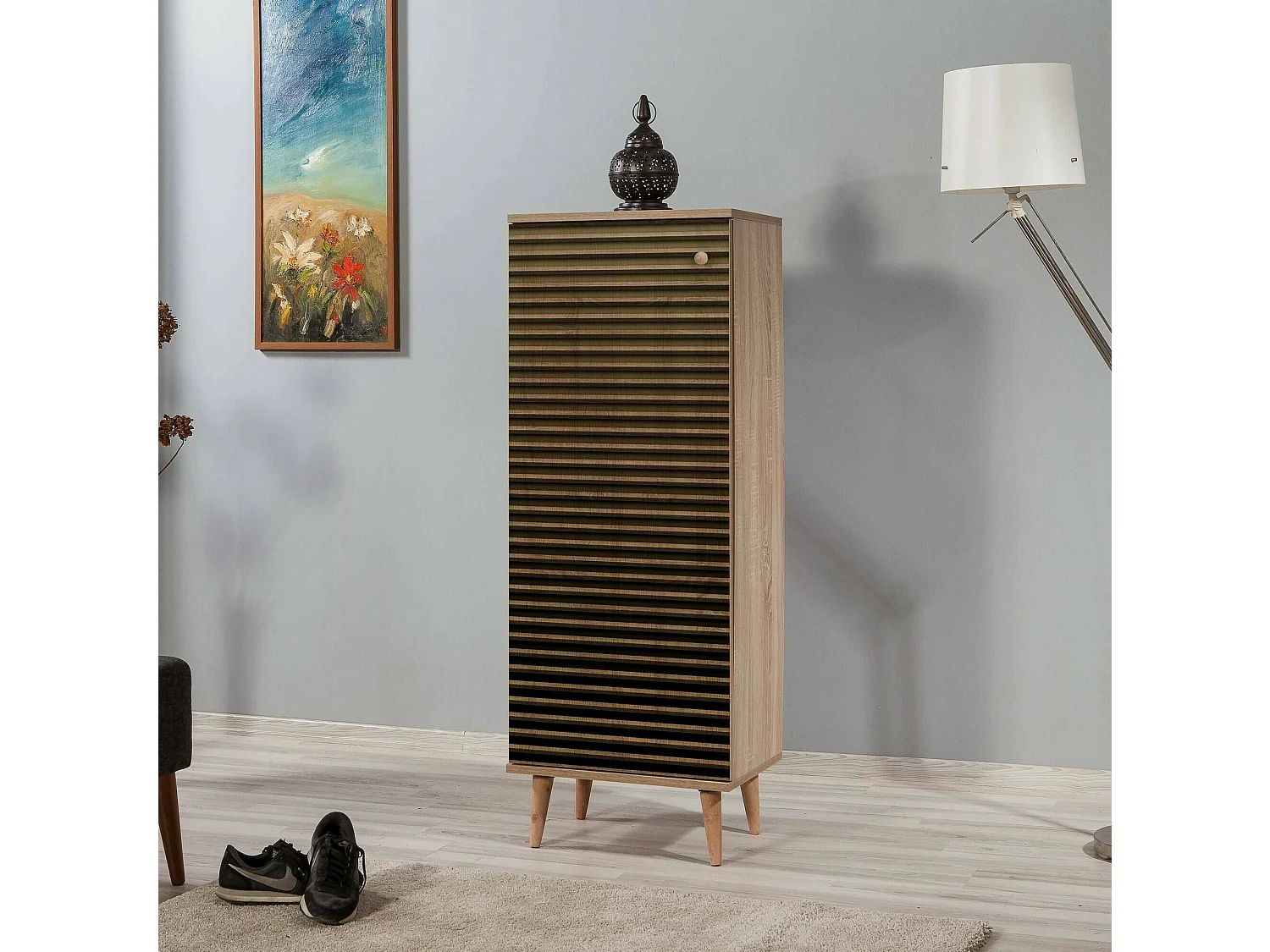 Meuble à chaussures Cebalrai, Meuble à chaussures, Armoire d'entrée polyvalente, Rangement pour chaussures, 50x38h135 cm, Chêne