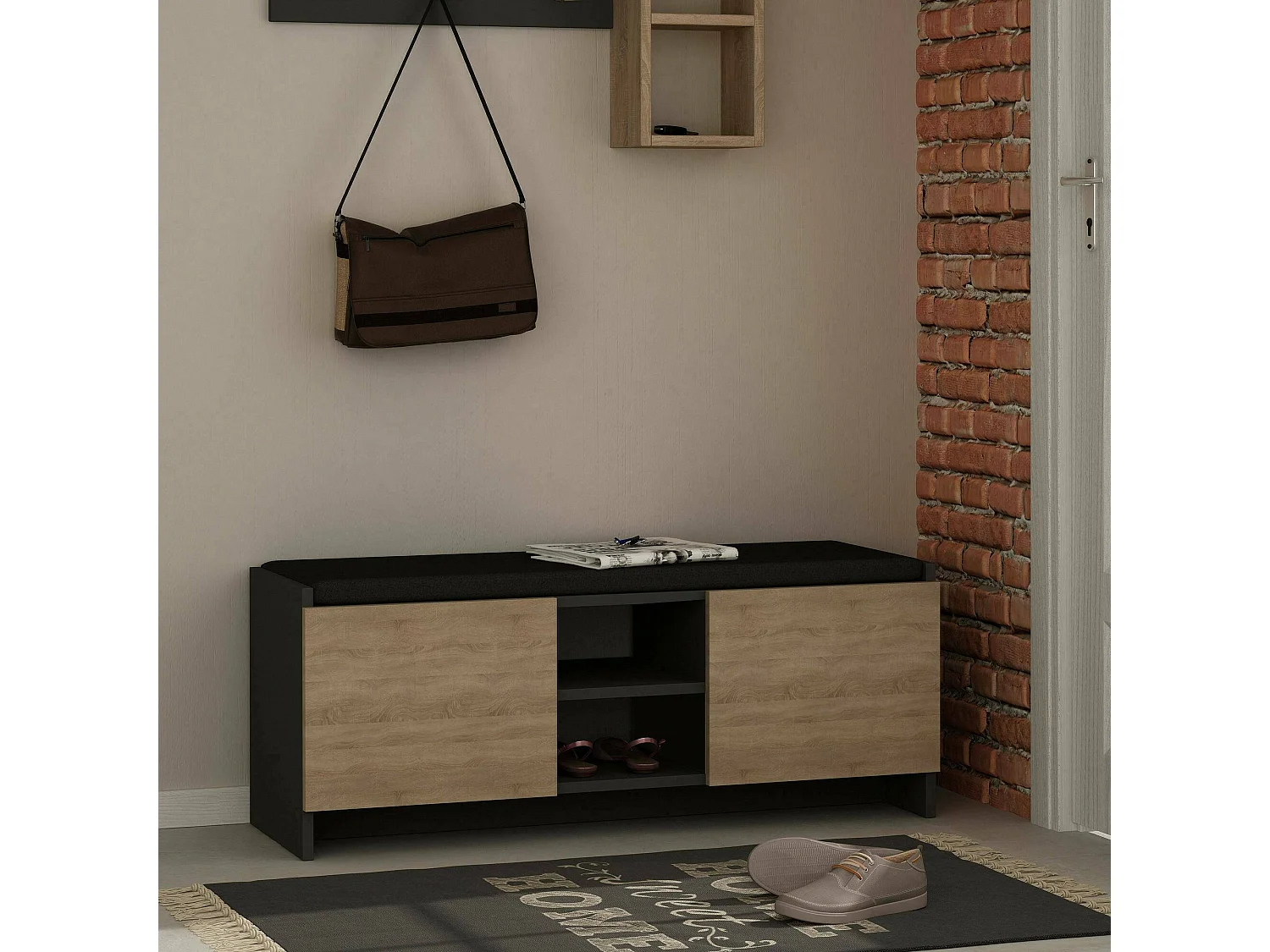 Meuble à chaussures Algedi, Meuble à chaussures, Armoire d'entrée polyvalente, Rangement pour chaussures, 110x37h43 cm, Anthracite et chêne
