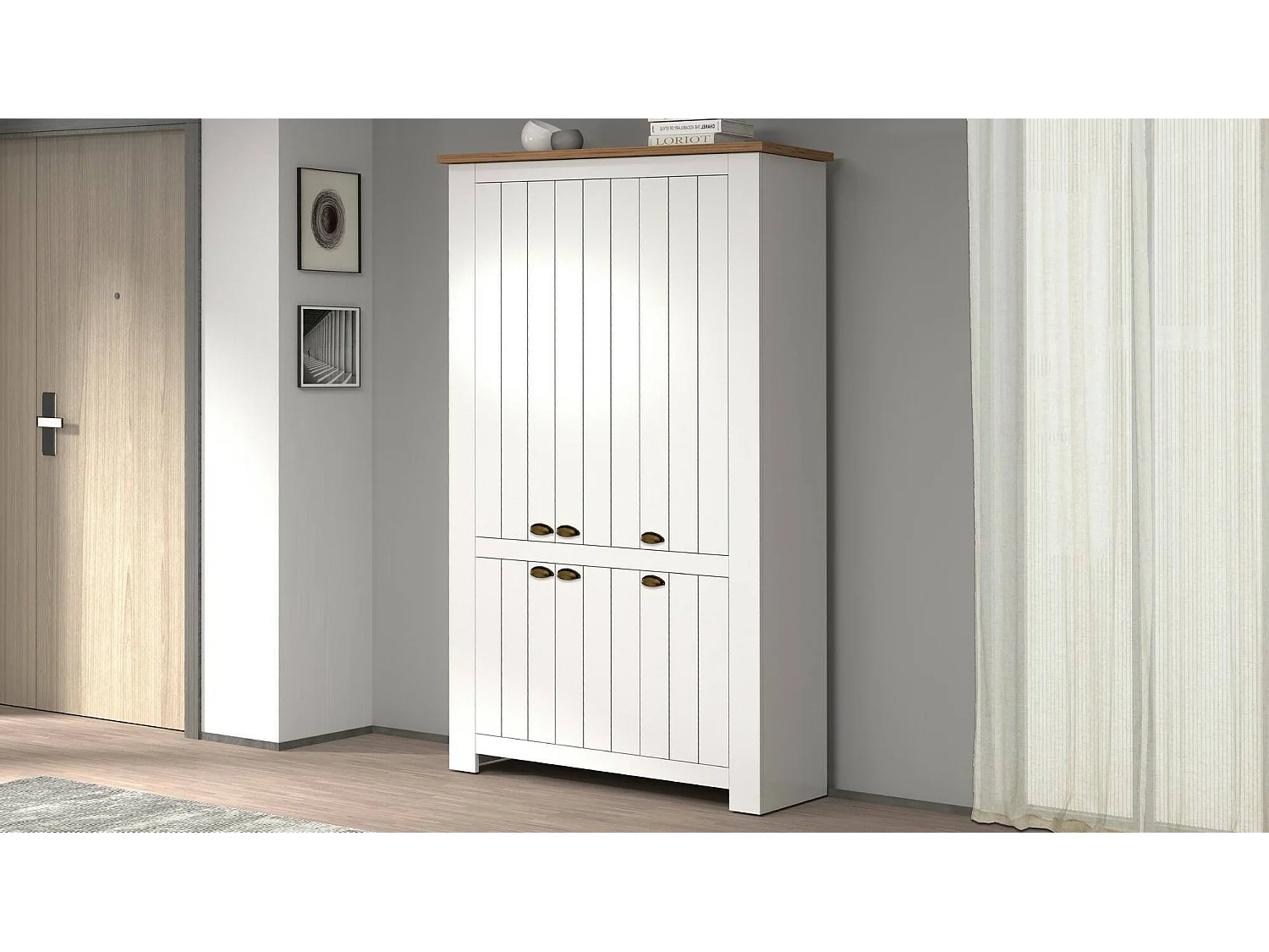 Étagère à chaussures Tazio, étagère à chaussures peu encombrante avec 6 portes, armoire d'entrée multifonctionnelle, 114x42h200 cm, Blanc et Chêne