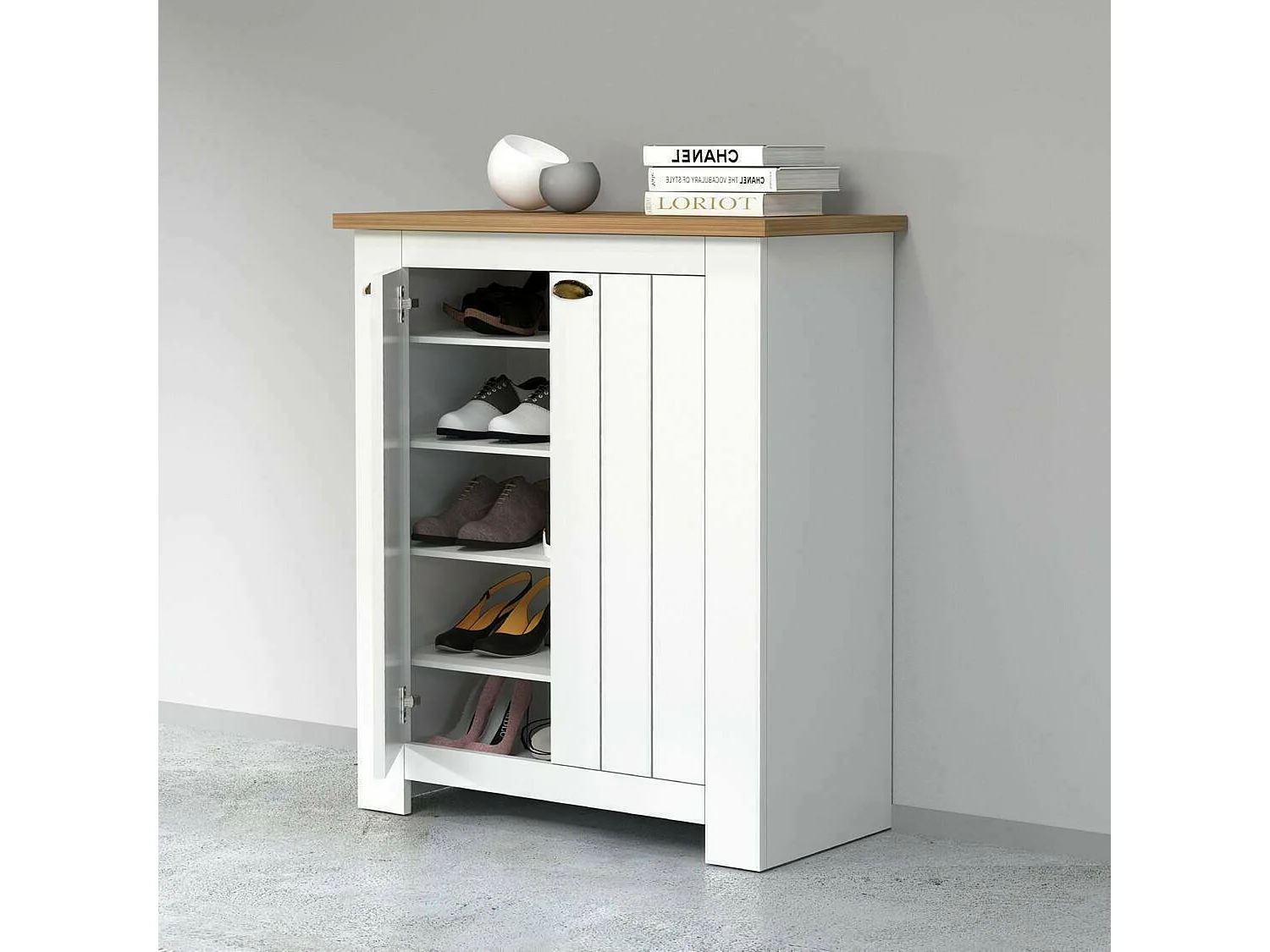 Étagère à chaussures Tonio, étagère à chaussures peu encombrante avec 2 portes, armoire d'entrée multifonctionnelle, 84x42h100 cm, Blanc et Chêne
