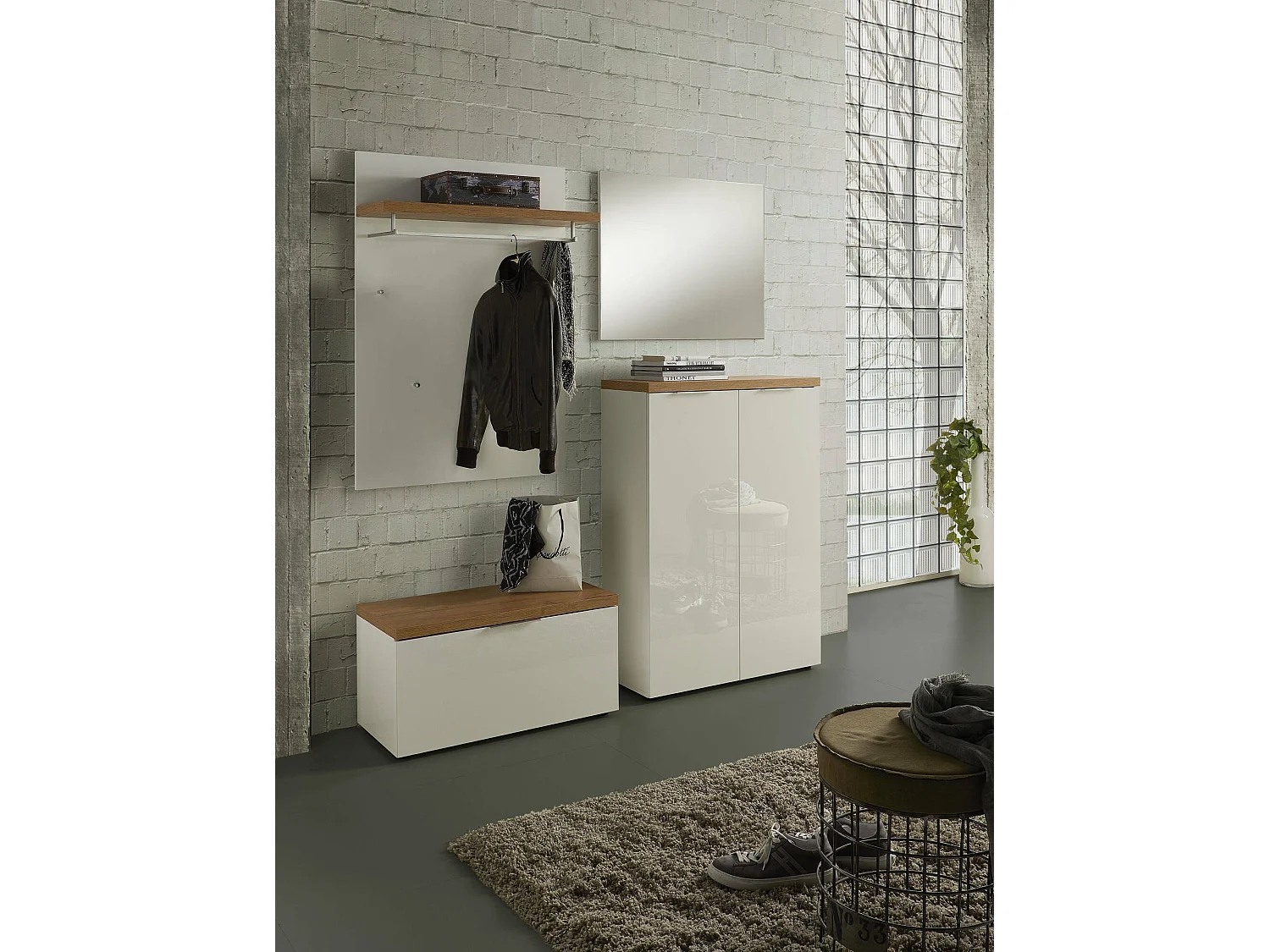 Dmora - Scarpiera Dublino, 80x34h115 cm, Bianco lucido e Rovere