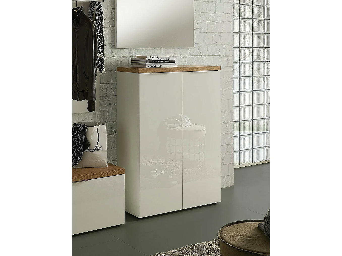 Dmora - Scarpiera Dublino, 80x34h115 cm, Bianco lucido e Rovere