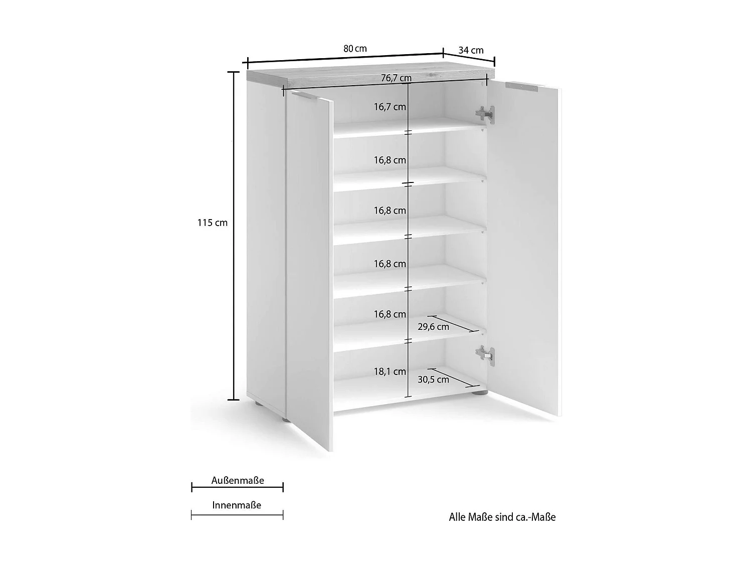 Dmora - Scarpiera Dublino, 80x34h115 cm, Bianco lucido e Rovere