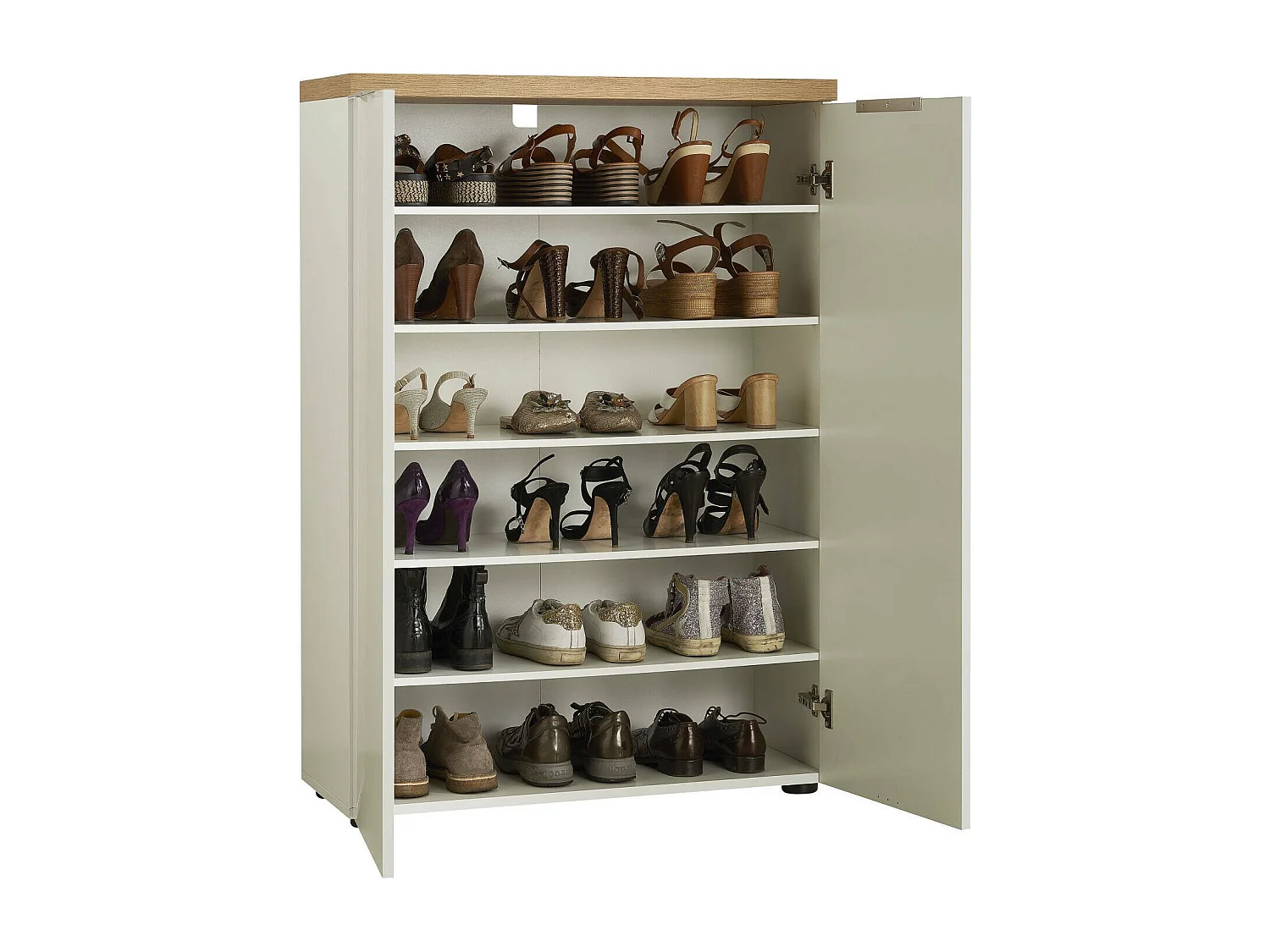 Dmora - Scarpiera Dublino, 80x34h115 cm, Bianco lucido e Rovere