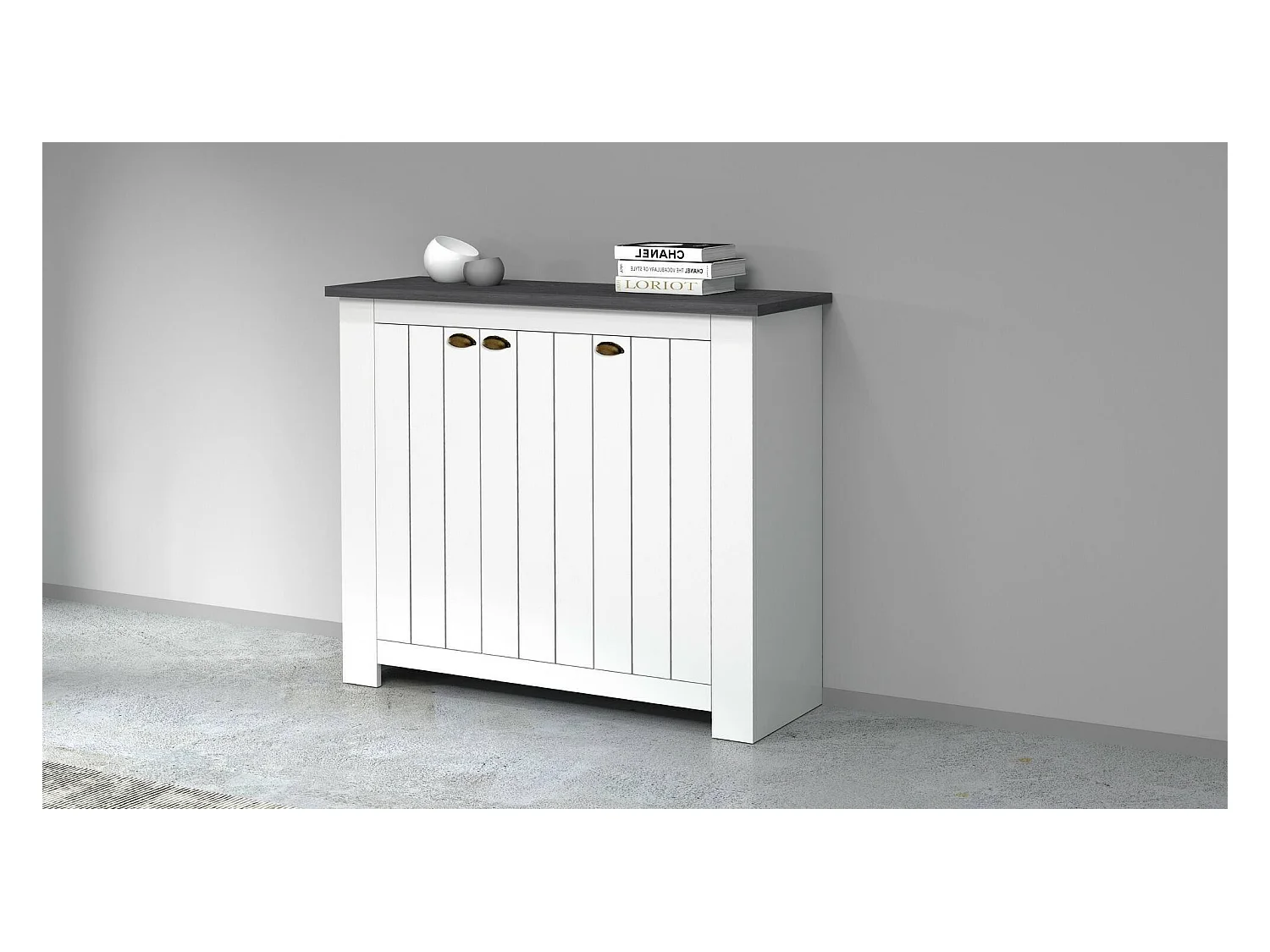 Étagère à chaussures Tolomeo, étagère à chaussures peu encombrante avec 3 portes, armoire d'entrée multifonctionnelle, 114x42h100 cm, Blanc et Ardoise
