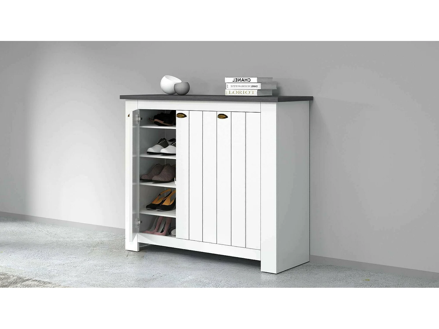 Dcigarin schoenenrek, ruimtebesparende schoenenrek met 3 deuren, met inkomh, 114x42h100 cm, Wit en leisteen