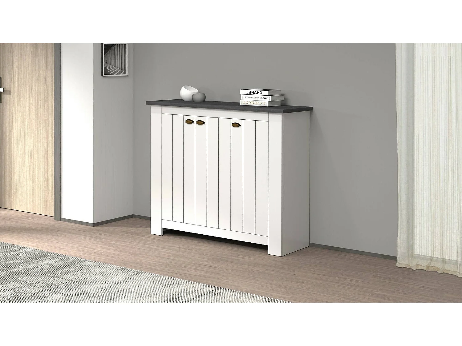 Dcigarin schoenenrek, ruimtebesparende schoenenrek met 3 deuren, met inkomh, 114x42h100 cm, Wit en leisteen