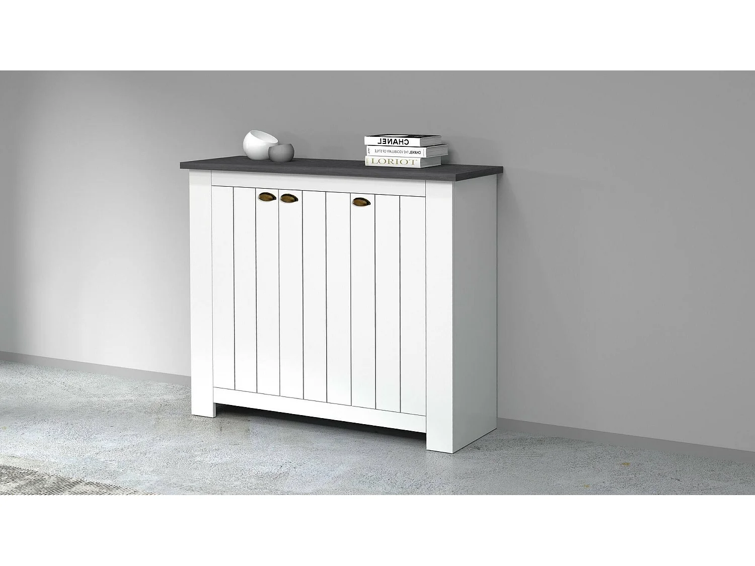 Dcigarin schoenenrek, ruimtebesparende schoenenrek met 3 deuren, met inkomh, 114x42h100 cm, Wit en leisteen