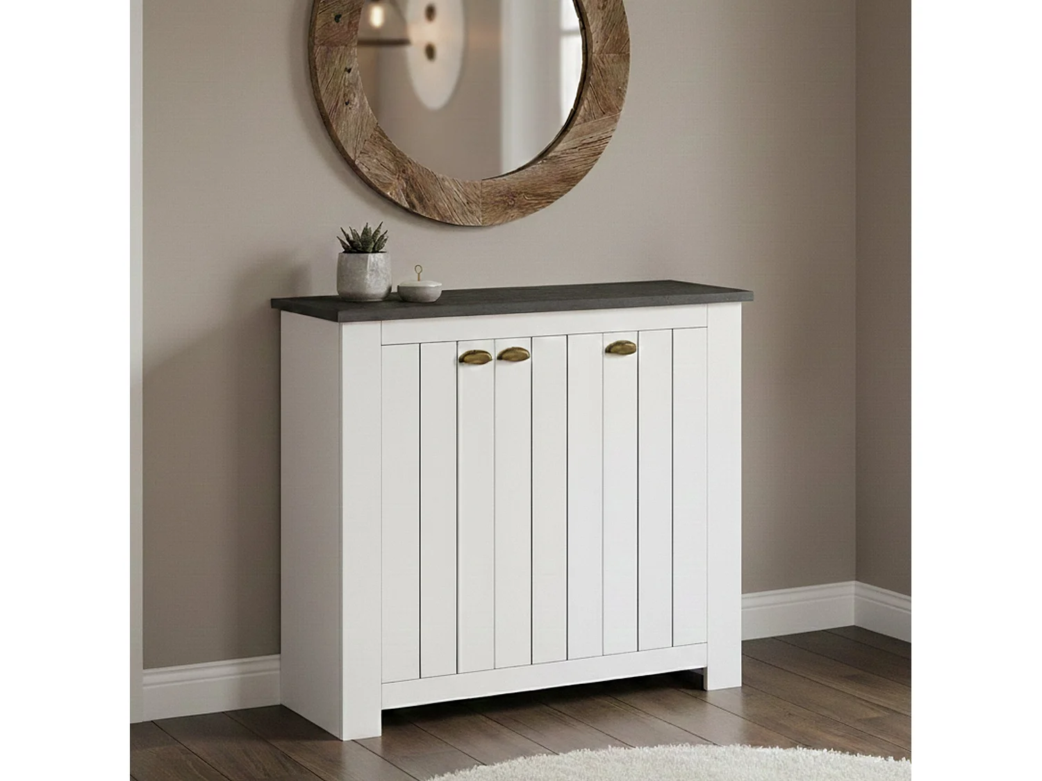 Étagère à chaussures Tolomeo, étagère à chaussures peu encombrante avec 3 portes, armoire d'entrée multifonctionnelle, 114x42h100 cm, Blanc et Ardoise
