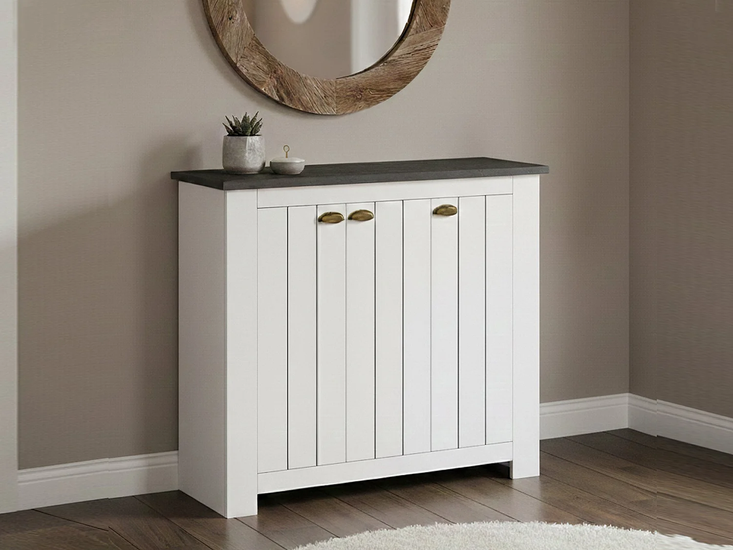 Étagère à chaussures Tolomeo, étagère à chaussures peu encombrante avec 3 portes, armoire d'entrée multifonctionnelle, 114x42h100 cm, Blanc et Ardoise