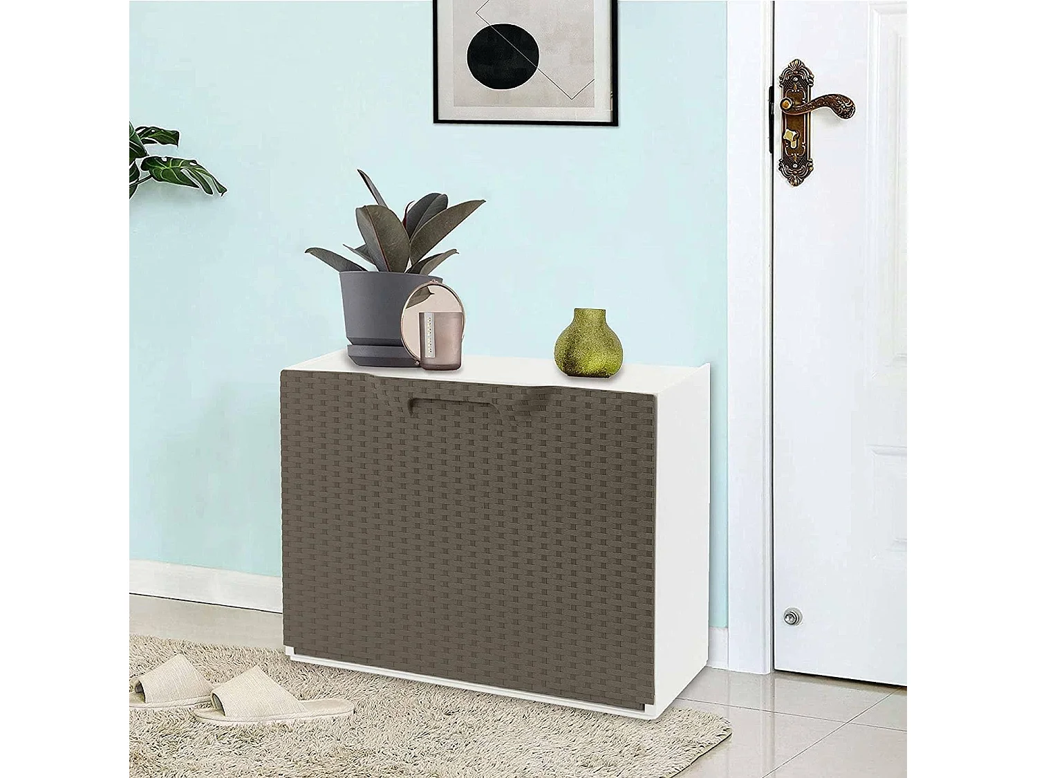 Sapateira Darmitan, Sapateira que economiza espaço, Sapateira de entrada, Sapateira de 1 porta, 100% Made in Italy, 51x17h40 cm, Tortora e Bianco