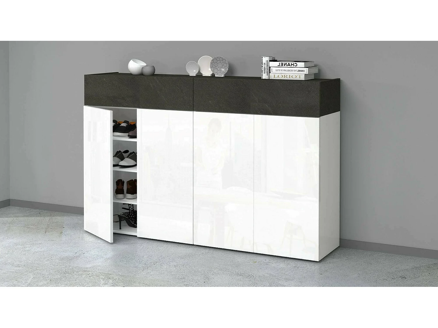 Étagère à chaussures Nadir, meuble à chaussures peu encombrant à 6 portes, armoire d'entrée multifonctionnelle, 154x38h100 cm, Blanc et Ardoise