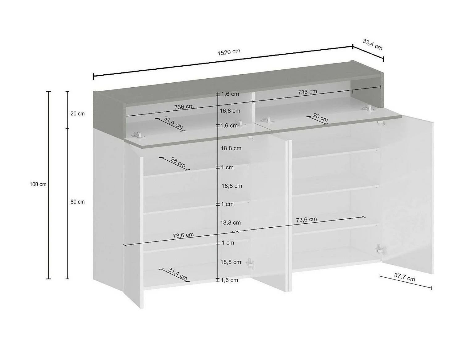 Étagère à chaussures Nadir, meuble à chaussures peu encombrant à 6 portes, armoire d'entrée multifonctionnelle, 154x38h100 cm, Blanc et Ardoise
