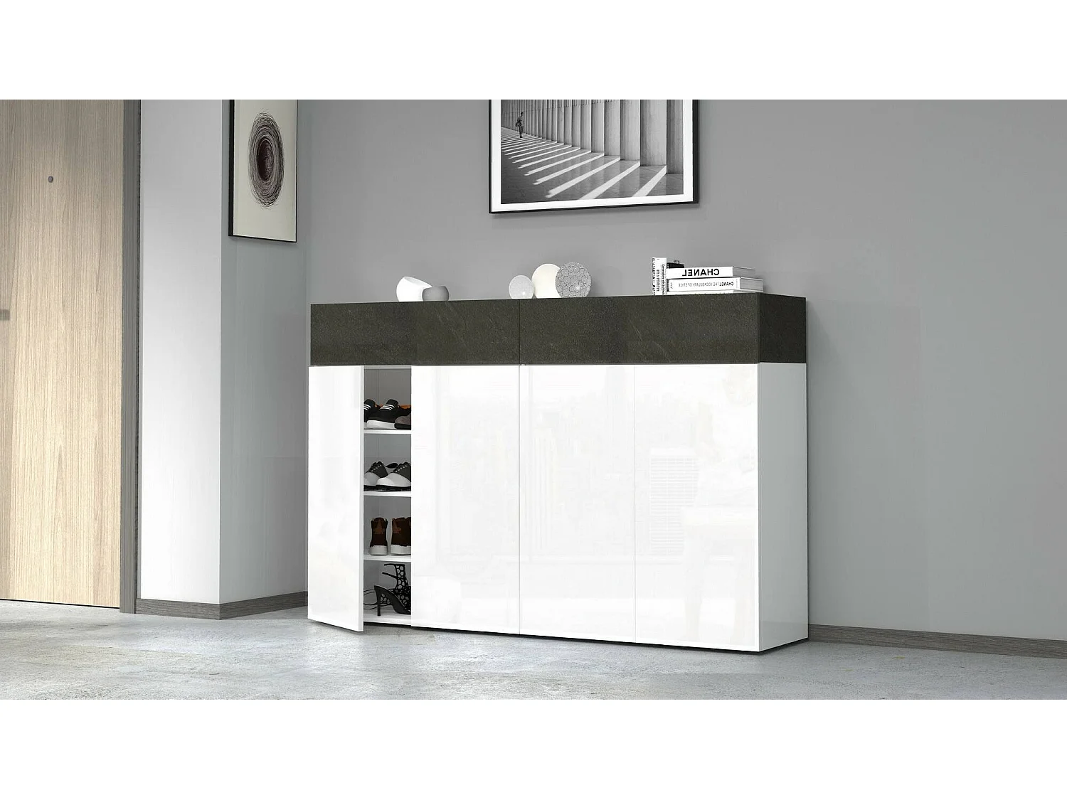 Étagère à chaussures Nadir, meuble à chaussures peu encombrant à 6 portes, armoire d'entrée multifonctionnelle, 154x38h100 cm, Blanc et Ardoise