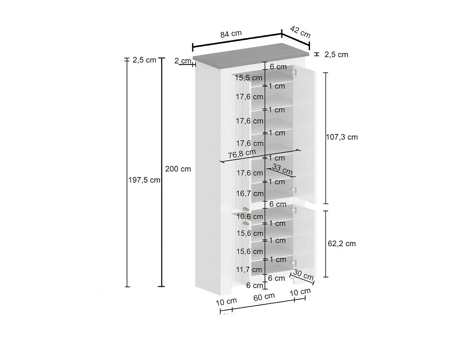 Étagère à chaussures Teodoro, étagère à chaussures peu encombrante avec 4 portes, armoire d'entrée multifonctionnelle, 84x42h200 cm, Blanc et Chêne