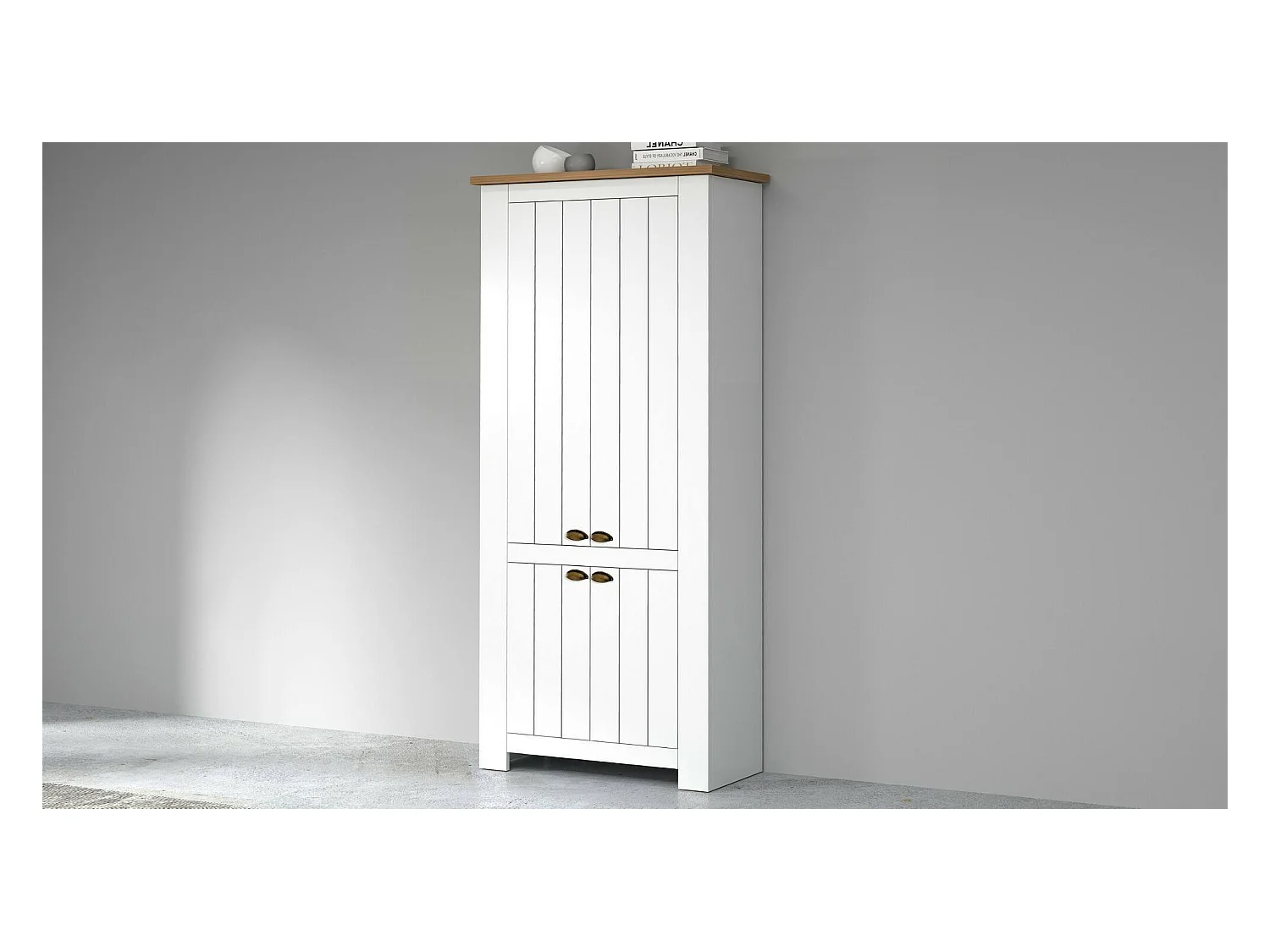 Étagère à chaussures Teodoro, étagère à chaussures peu encombrante avec 4 portes, armoire d'entrée multifonctionnelle, 84x42h200 cm, Blanc et Chêne