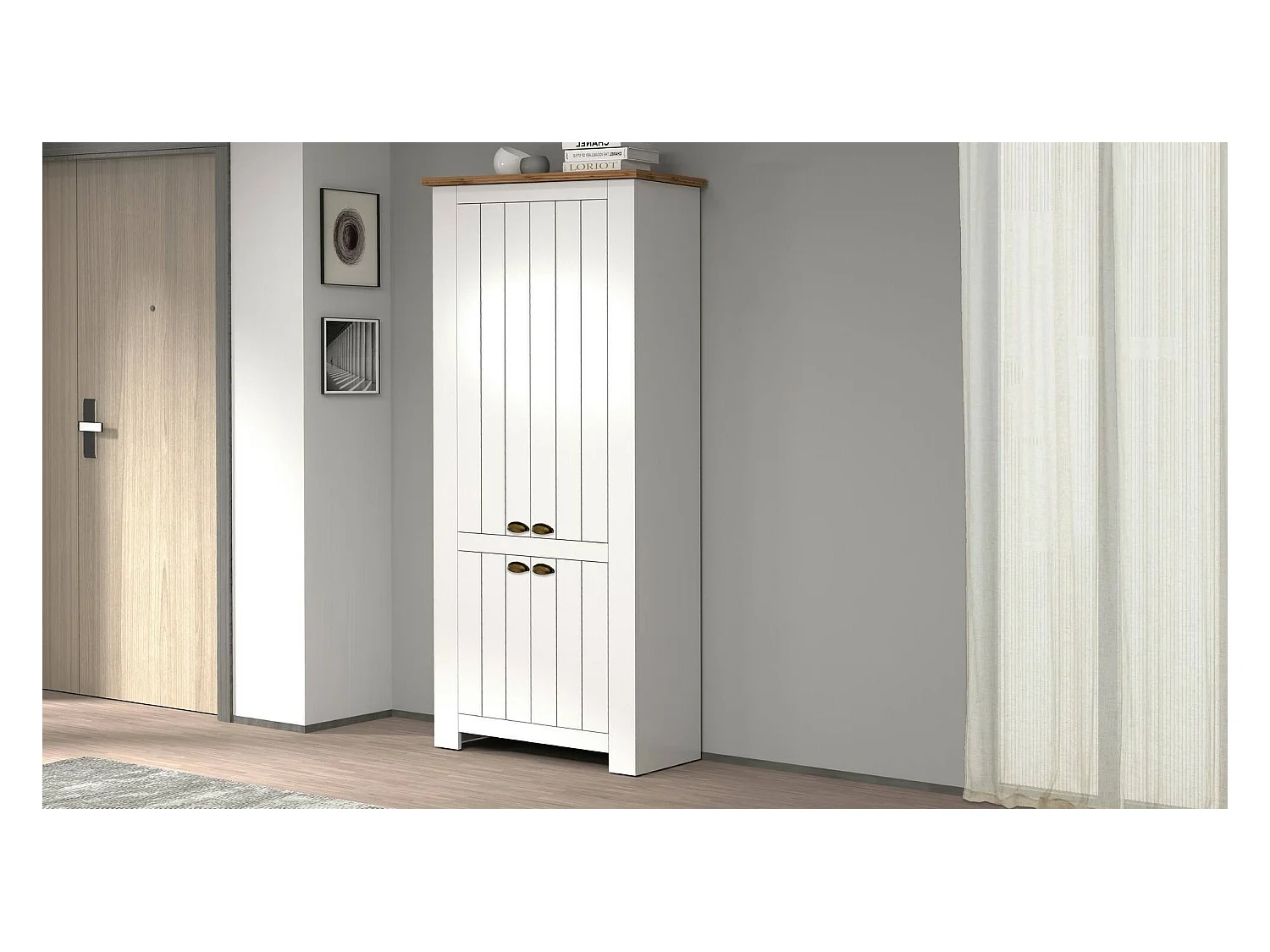 Étagère à chaussures Teodoro, étagère à chaussures peu encombrante avec 4 portes, armoire d'entrée multifonctionnelle, 84x42h200 cm, Blanc et Chêne
