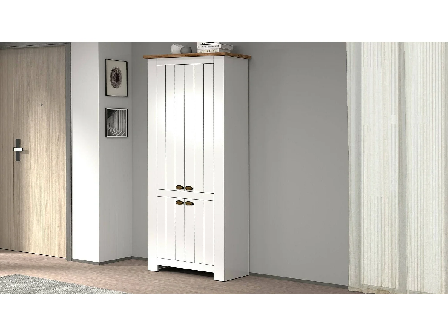 Étagère à chaussures Teodoro, étagère à chaussures peu encombrante avec 4 portes, armoire d'entrée multifonctionnelle, 84x42h200 cm, Blanc et Chêne