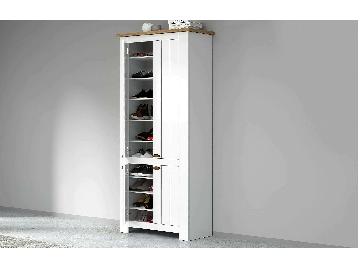 Sapateira Dcicerell, PoRta sapatos de poupança de espaço com 4 portas, armário de entrada multifunções, 84x42h200 cm, branco e carvalho