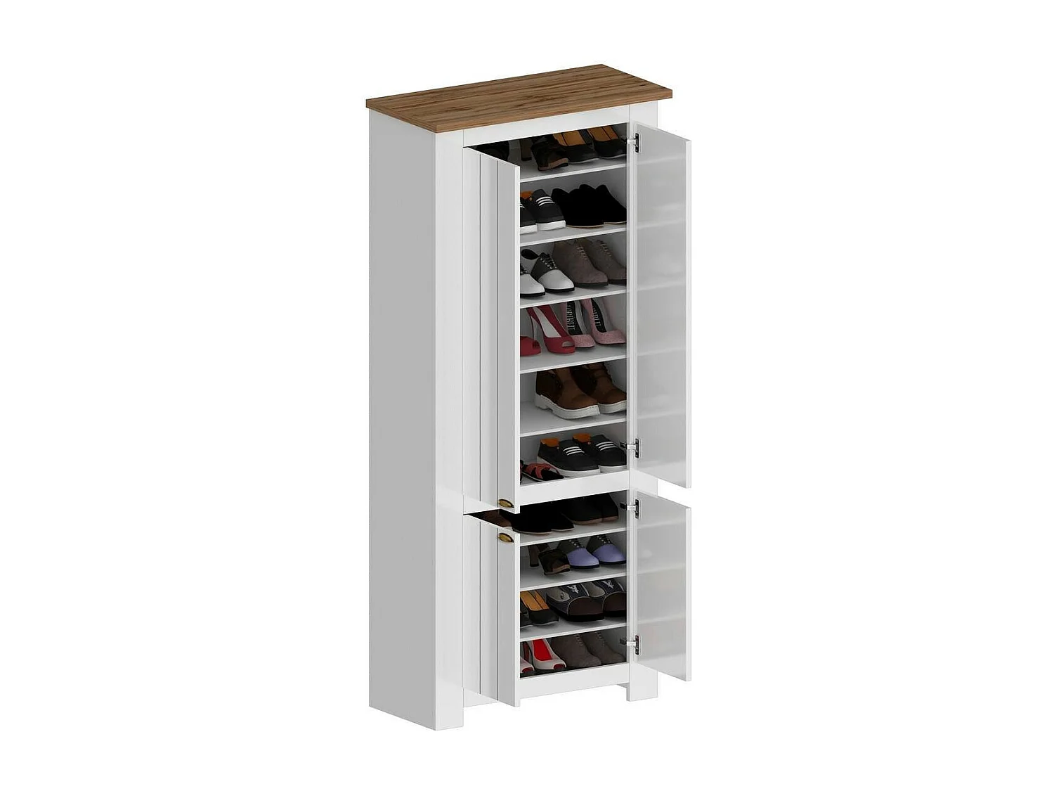 Sapateira Dcicerell, PoRta sapatos de poupança de espaço com 4 portas, armário de entrada multifunções, 84x42h200 cm, branco e carvalho