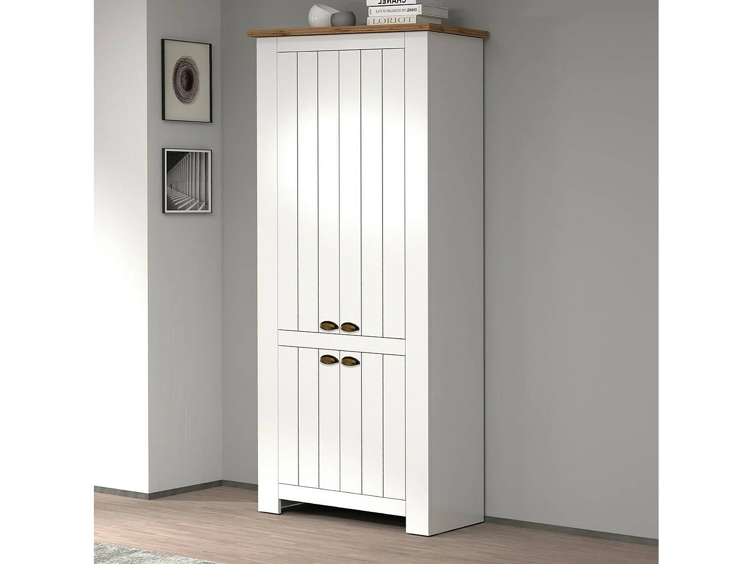 Étagère à chaussures Teodoro, étagère à chaussures peu encombrante avec 4 portes, armoire d'entrée multifonctionnelle, 84x42h200 cm, Blanc et Chêne