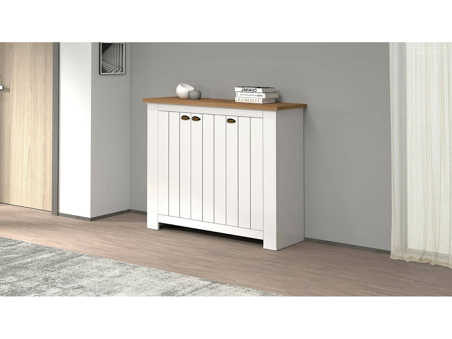 Étagère à chaussures Tolomeo, étagère à chaussures peu encombrante avec 3 portes, armoire d'entrée multifonctionnelle, 114x42h100 cm, Blanc et Chêne