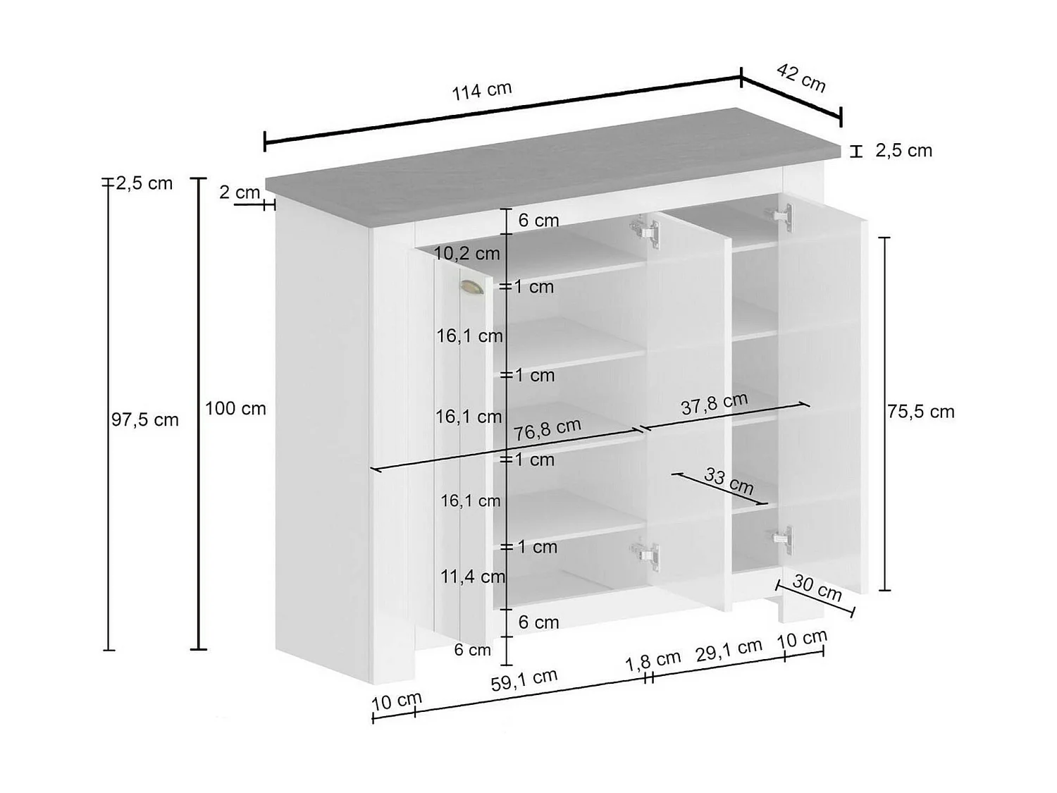 Dcigarin Schoenenrek, 3-deurs Ruimtebesparend Schoenenrek, Multifunctionele entreekast, 114x42h100 cm, Wit en Eiken