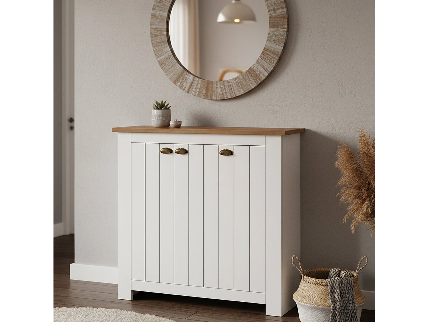 Étagère à chaussures Tolomeo, étagère à chaussures peu encombrante avec 3 portes, armoire d'entrée multifonctionnelle, 114x42h100 cm, Blanc et Chêne