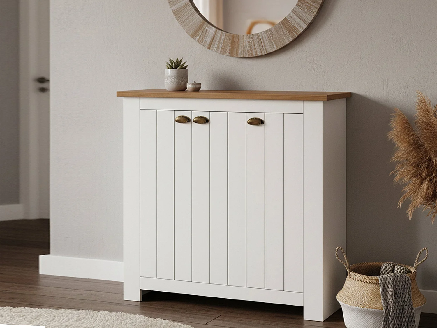 Étagère à chaussures Tolomeo, étagère à chaussures peu encombrante avec 3 portes, armoire d'entrée multifonctionnelle, 114x42h100 cm, Blanc et Chêne