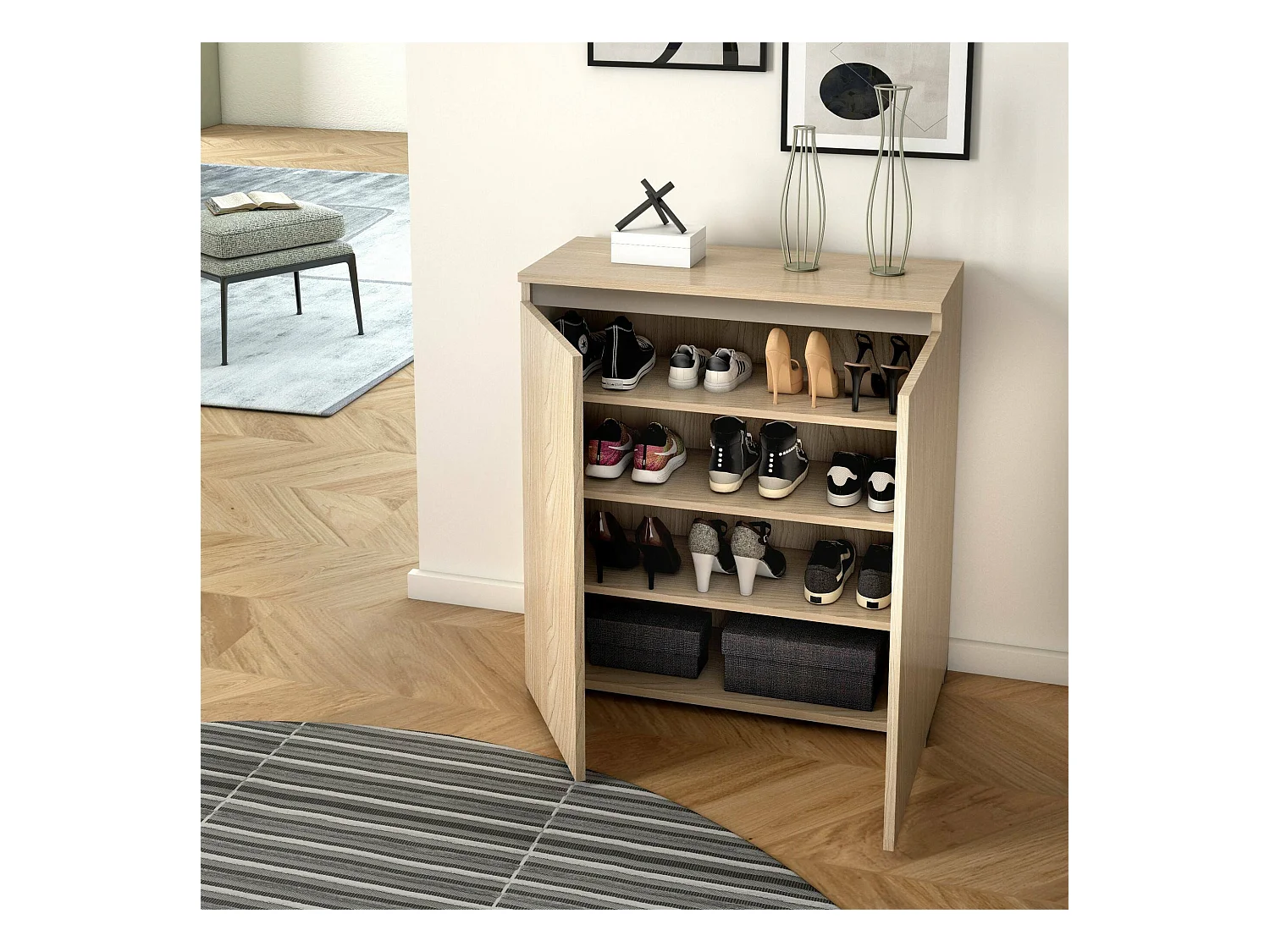 Sapateira DbAllarin, Armário multiuso, Sapateira economizador de espaço com 2 portas, Armário de arrumação com prateleiras, 100% Made in Italy, 80x37h102 cm, Olmo