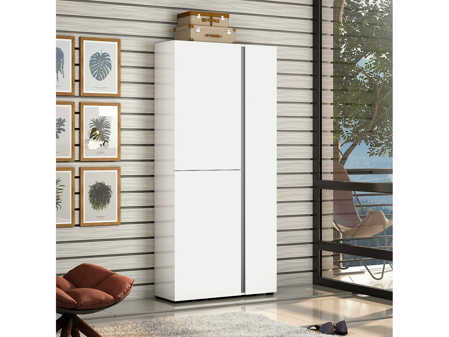 Meuble à chaussures arthus, meuble à chaussures, armoire d'entrée polyvalente, rangement pour chaussures, made in italy, 91x33h196 cm, blanc brillant et anthracite