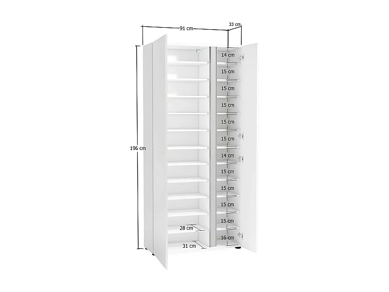 Schuhschrank Arthus, 22 Regale "Made in Italy", 33x91x196h cm Hochglänzend Weiß, Schuhschrank