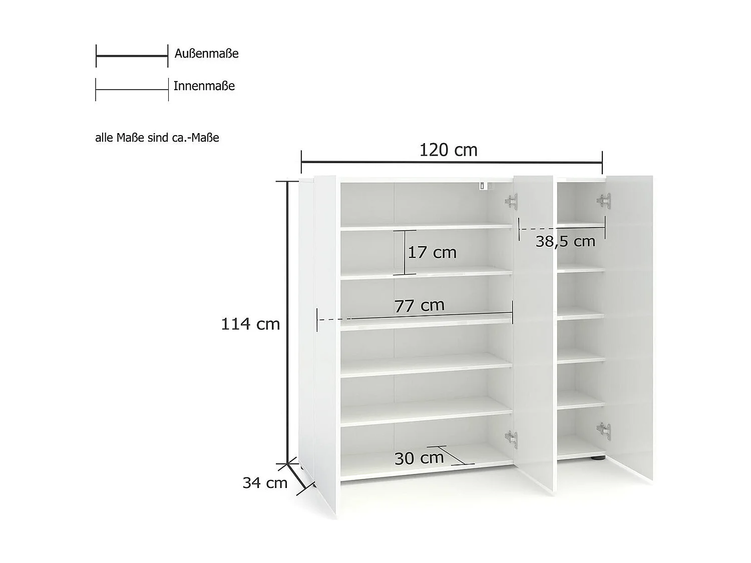 Meuble à chaussures Centurion, Meuble à chaussures, Armoire d'entrée polyvalente, Rangement pour chaussures, Made in Italy, 120x34h115 cm, Blanc brillant