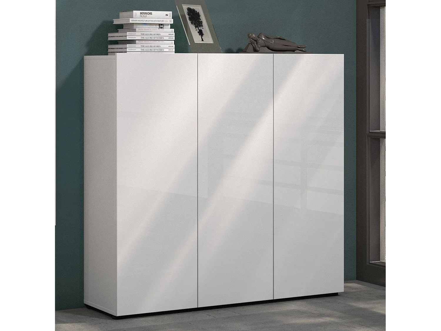 Sapateira Ddickman, Sapateira, Armário de entrada multiuso, Armário de calçado, Made in Italy, 120x34h115 cm, Branco brilhante