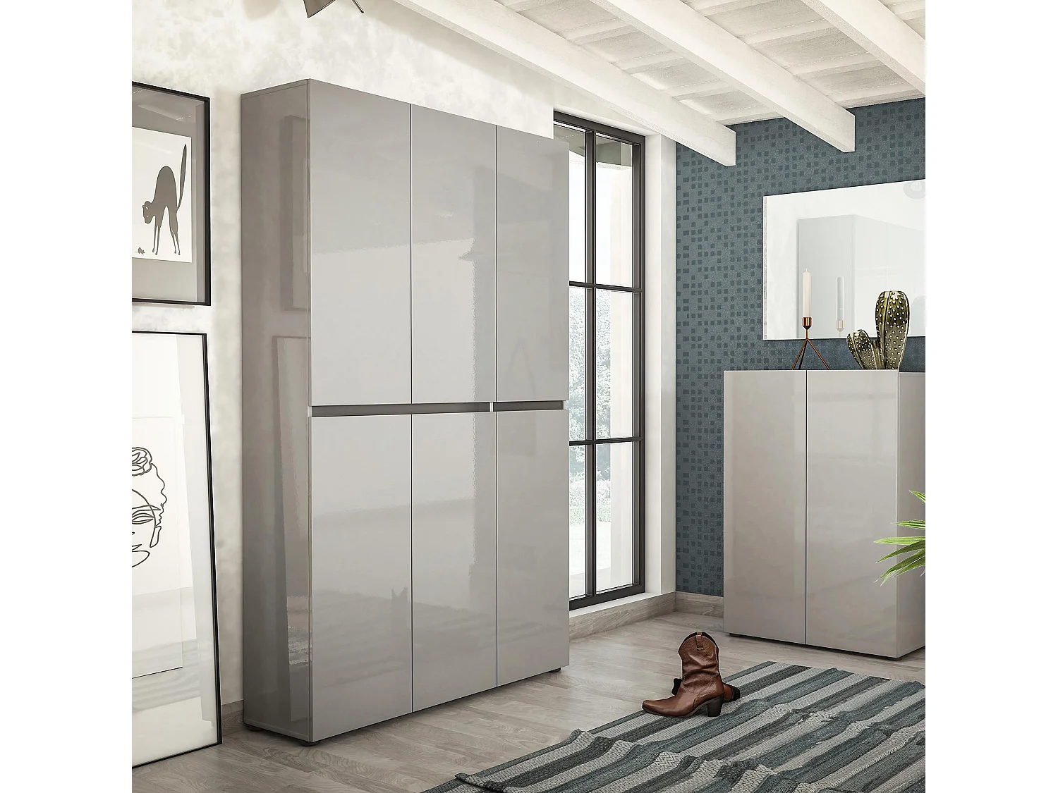 Meuble à chaussures Paarl, Meuble à chaussures, Armoire d'entrée polyvalente, Rangement pour chaussures, Made in Italy, 122x34h200 cm, Gris