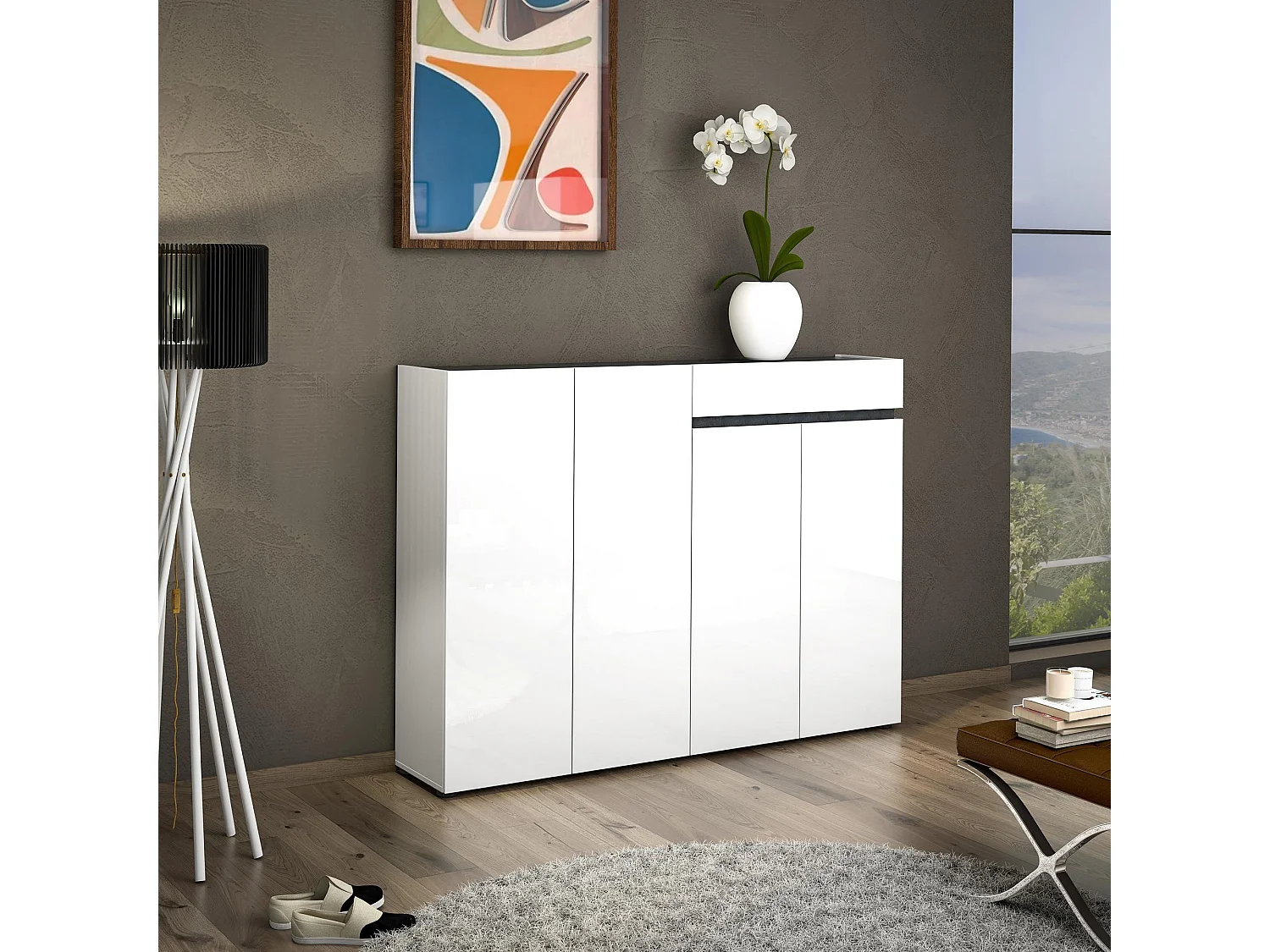 Dmora - Scarpiera Speranza, 160x34h115 cm, Bianco lucido e Antracite