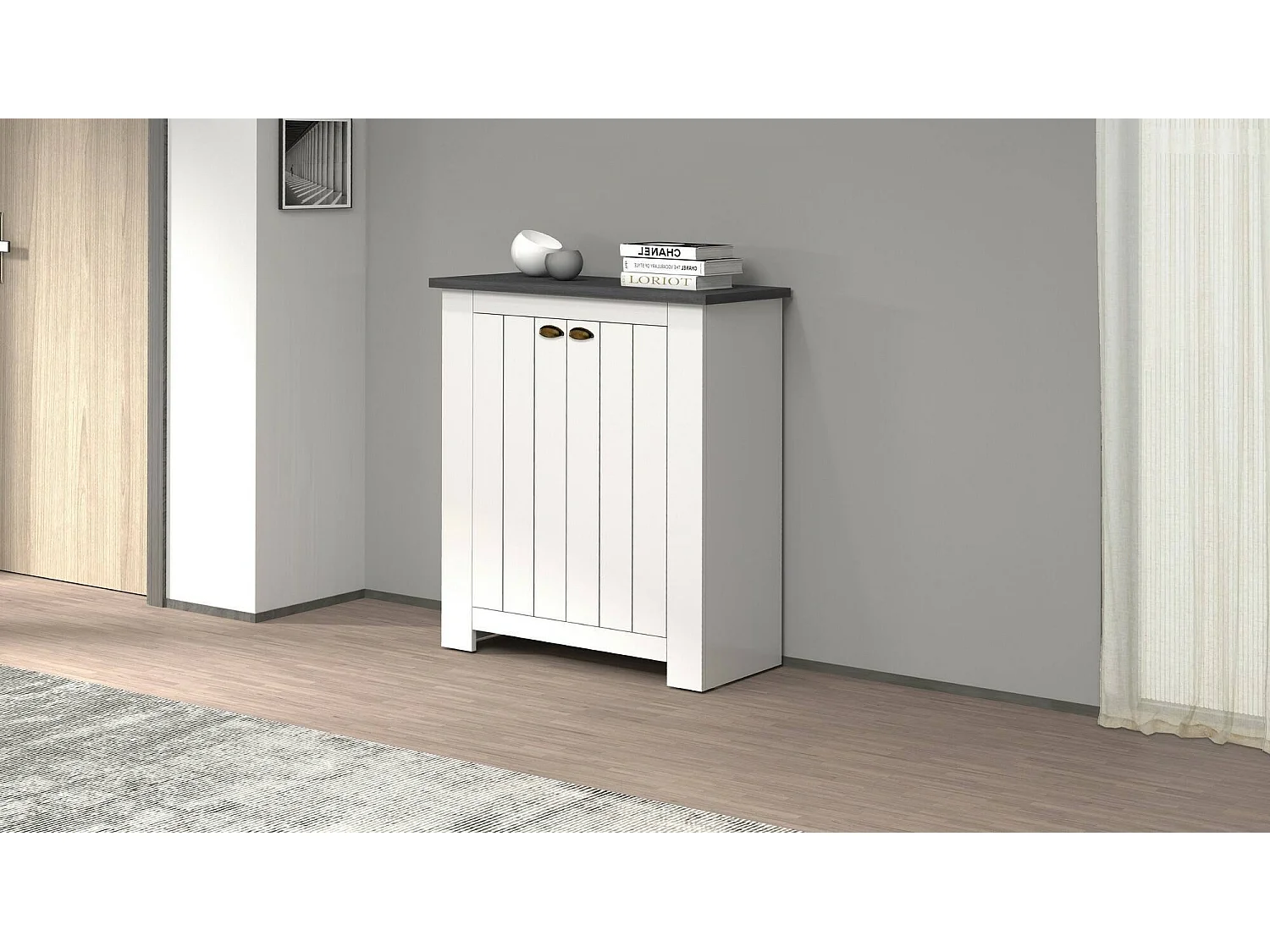Étagère à chaussures Tonio, étagère à chaussures peu encombrante avec 2 portes, armoire d'entrée multifonctionnelle, 84x42h100 cm, Blanc et Ardoise