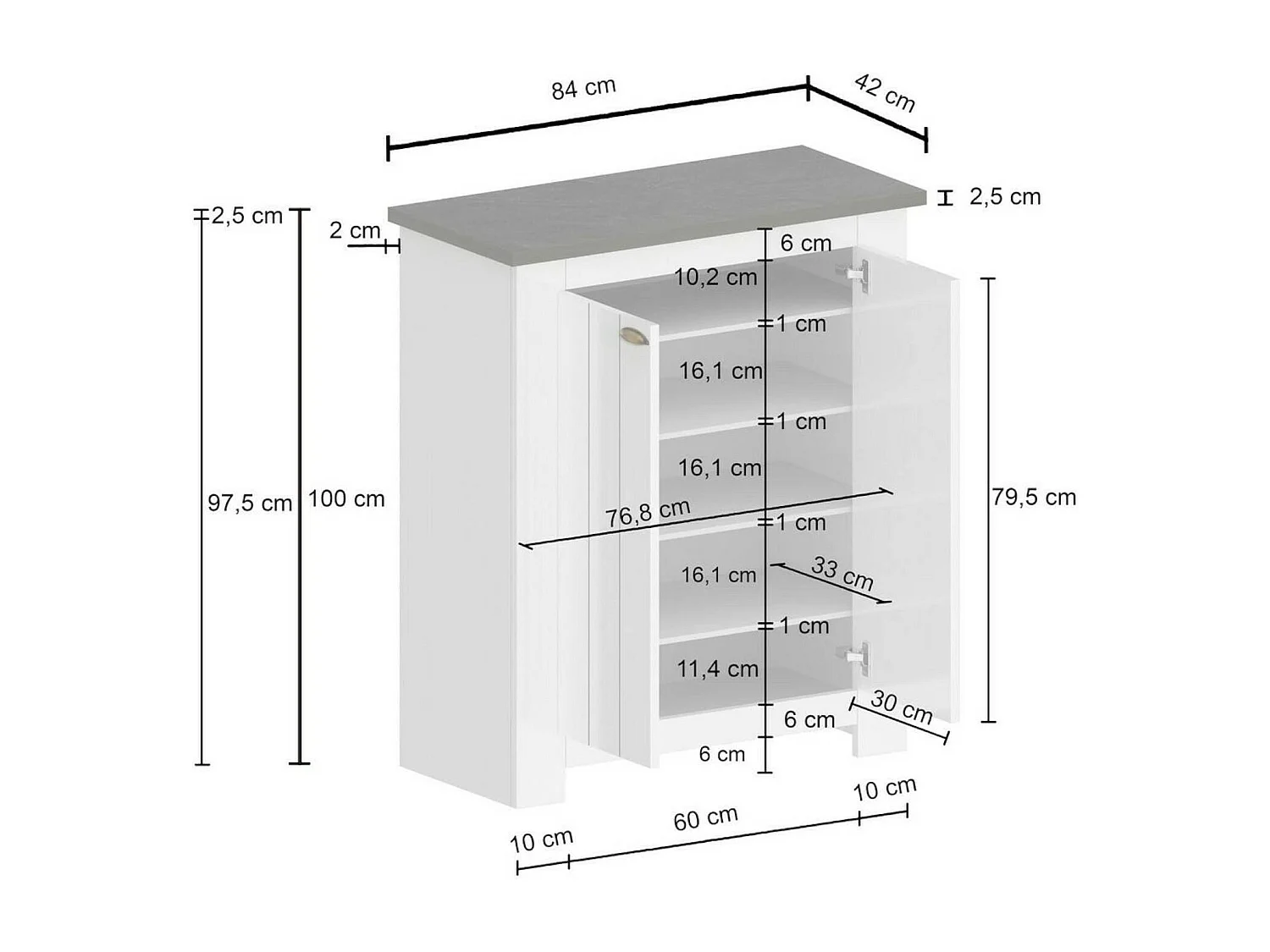 Dcittadin Schoenenrek, 2-deurs Ruimtebesparend Schoenenrek, Multifunctionele Entree Garderobe, 84x42h100 cm, Wit en Leisteen