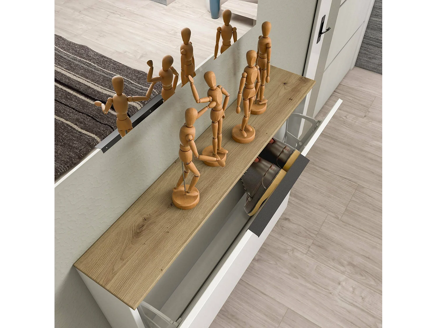 Dmora - Scarpiera Achiko, 160x19h80 cm, Bianco lucido e Rovere