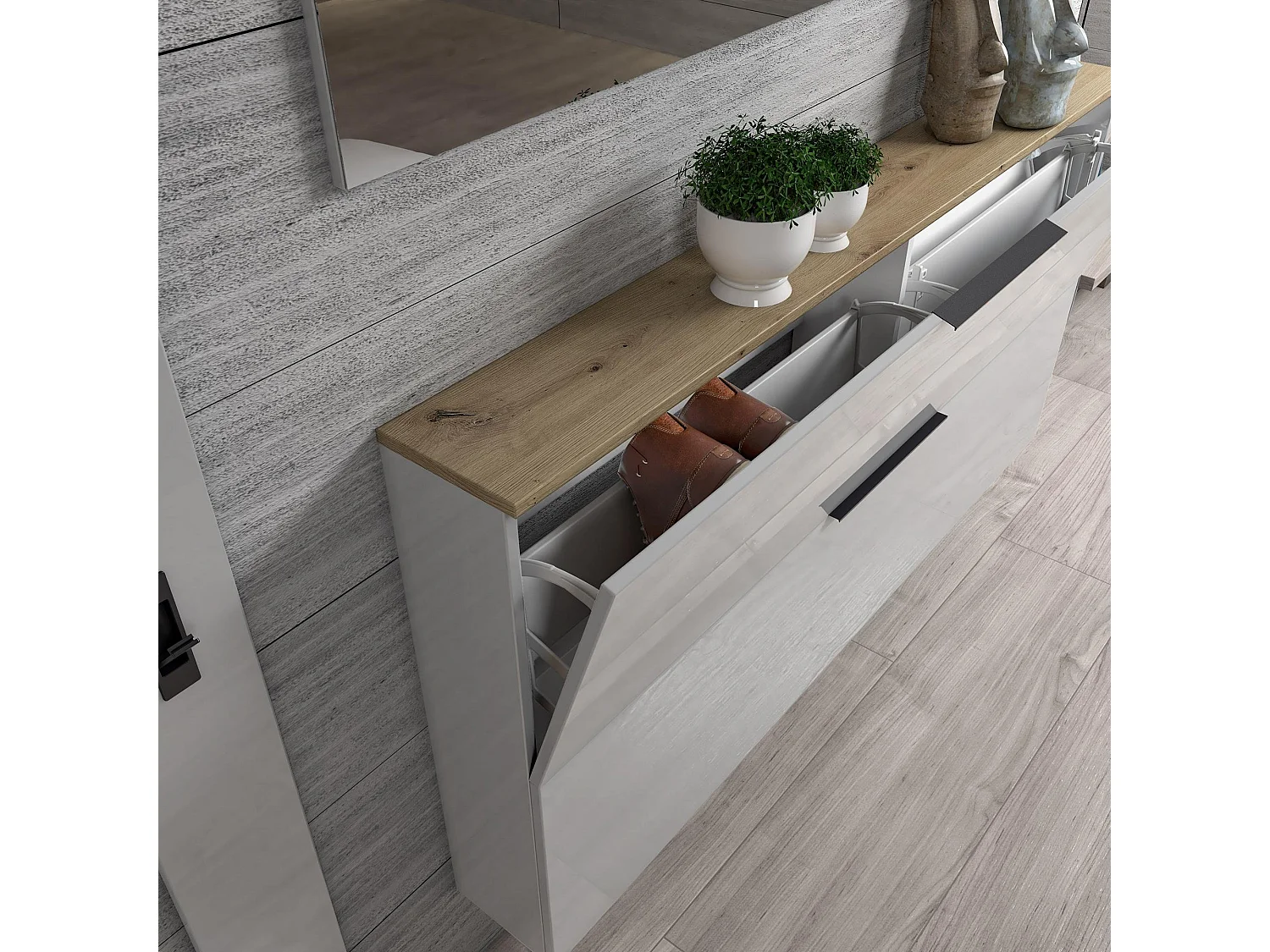 Scarpiera Achiko, 12 Paia Made in Italy, 19x160x80h cm Bianco Lucido, Mobile Portascarpe