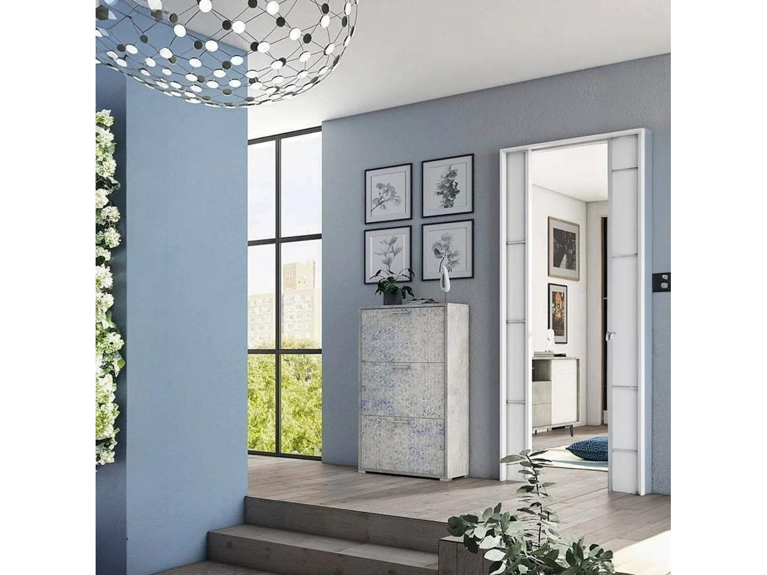 Peonia Schoenenrek, Multifunctioneel entreemeubel met 3 vouwdeuren, Schoenenkast met dubbele diepte, 100% Made in Italy, 67x28h112 cm, Cement en lichtblauw