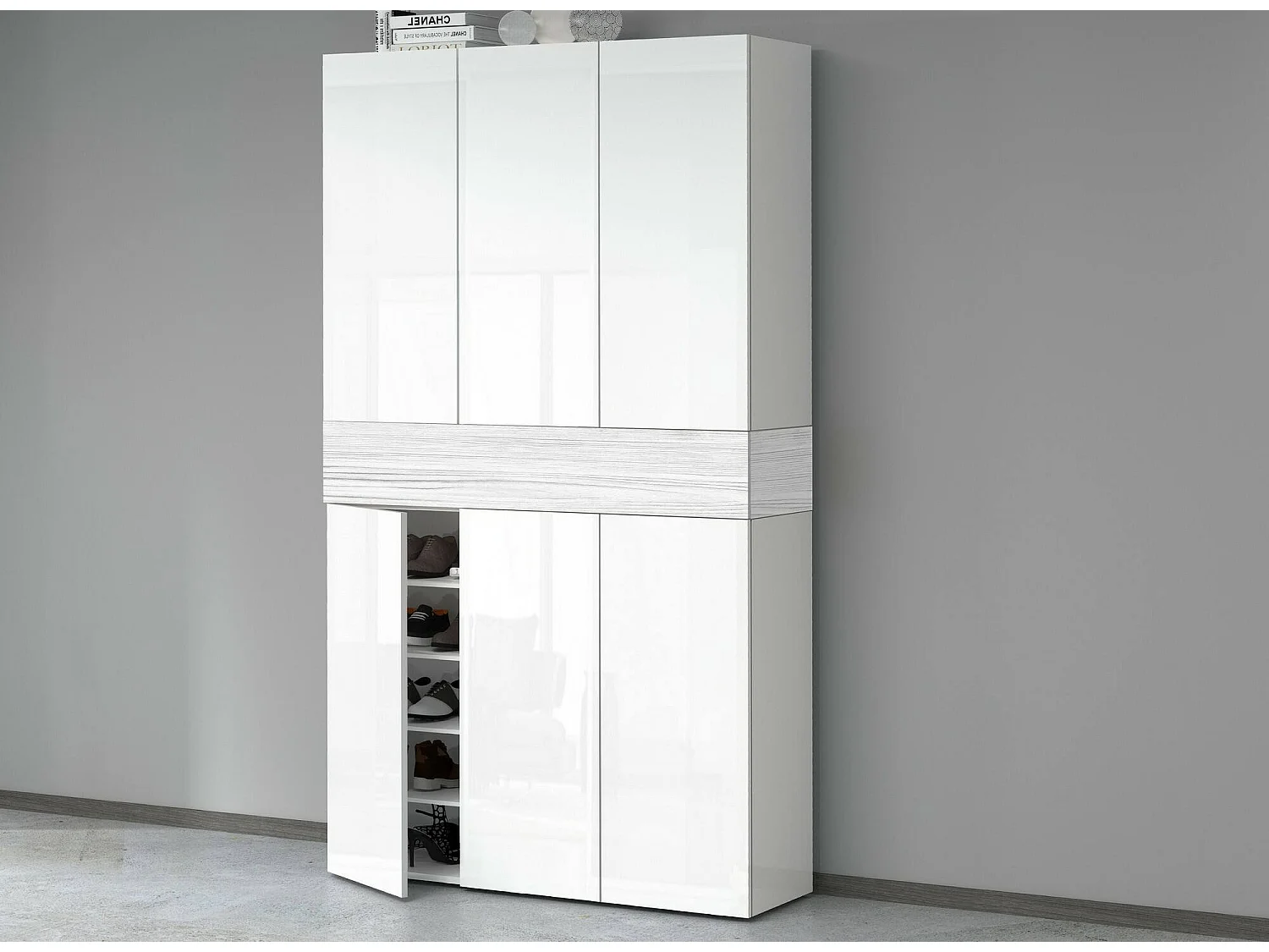 Étagère à chaussures Marzio, meuble à chaussures peu encombrant à 7 portes, armoire d'entrée multifonctionnelle, 114x38h200 cm, effet mélèze blanc
