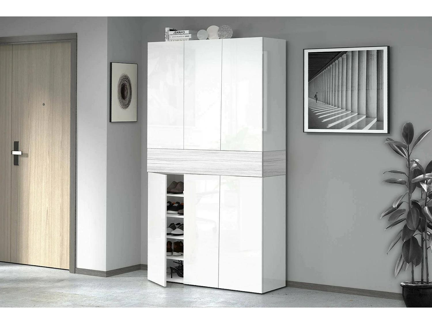 Étagère à chaussures Marzio, meuble à chaussures peu encombrant à 7 portes, armoire d'entrée multifonctionnelle, 114x38h200 cm, effet mélèze blanc