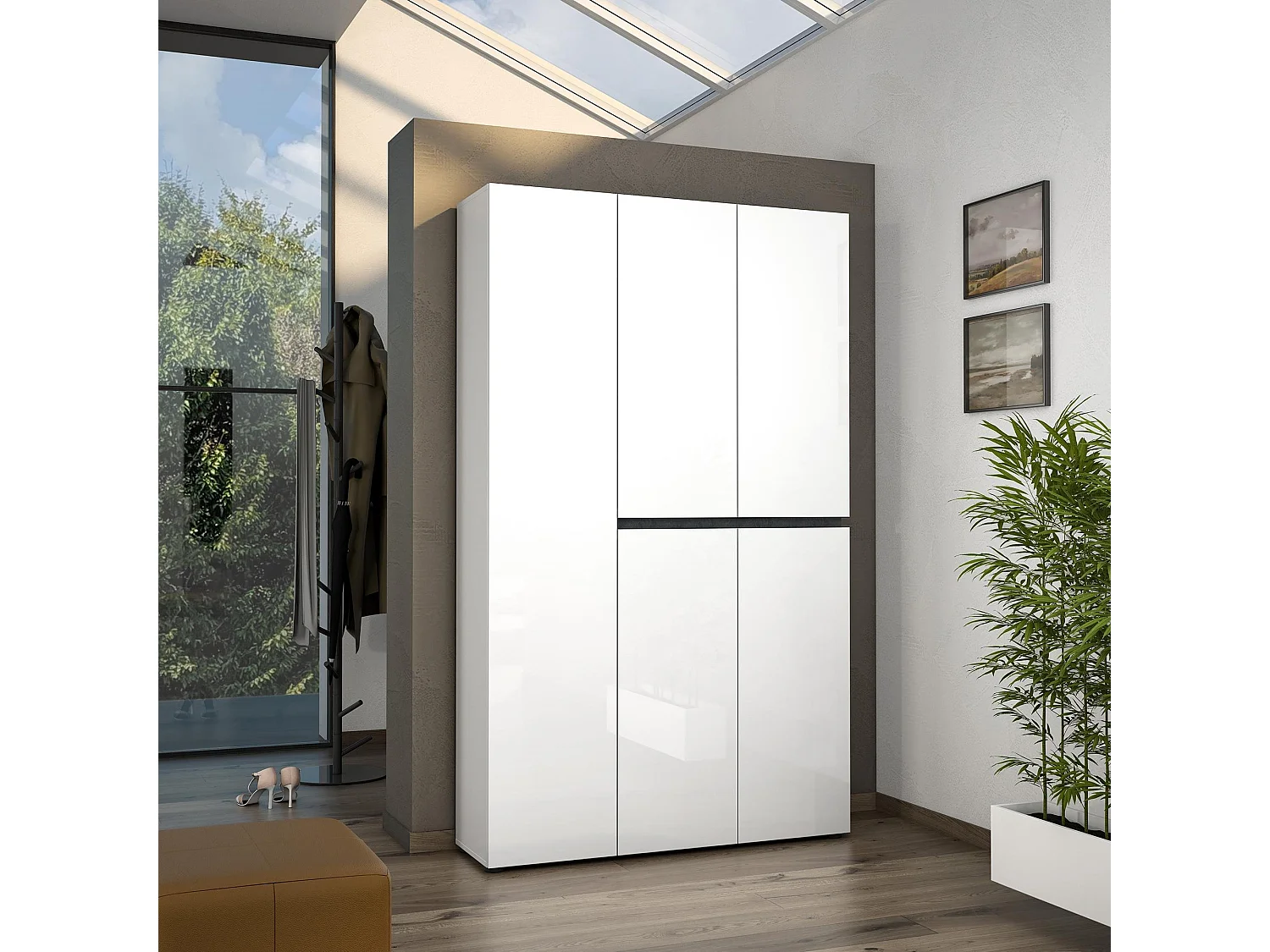 Meuble à chaussures Maseru, Meuble à chaussures, Armoire d'entrée polyvalente, Rangement pour chaussures, Made in Italy, 120x34h200 cm, Blanc brillant et anthracite