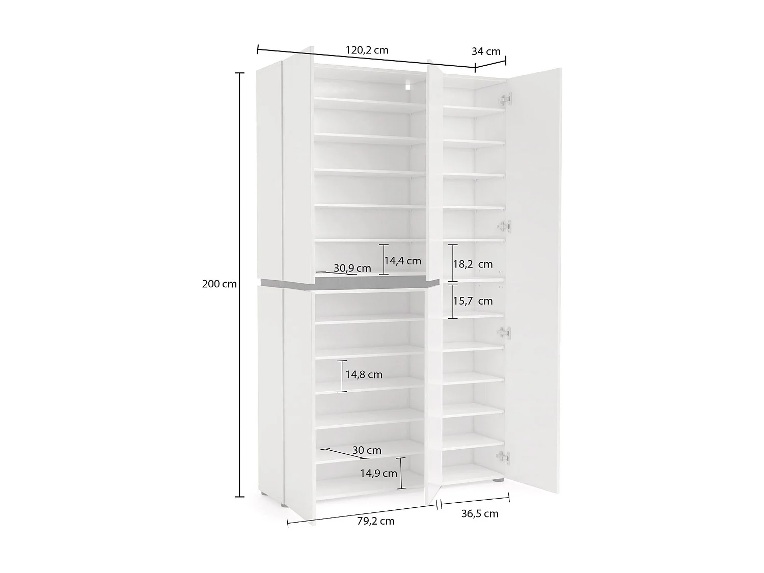 Scarpiera Valletta, 20 Ripiani Made in Italy, 34x120x200h cm Bianco Lucido, Mobile Portascarpe